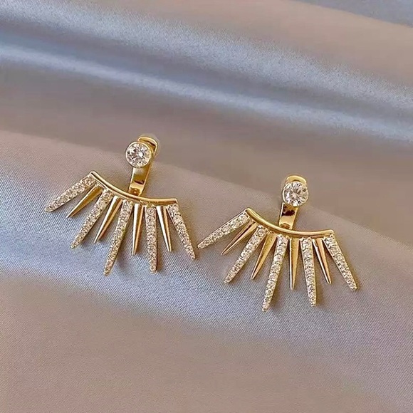 “Bohemian Dreamer” Sun Ray Hippie Diamond Gold Abstract Stud Geometric Earrings - Picture 3 of 5